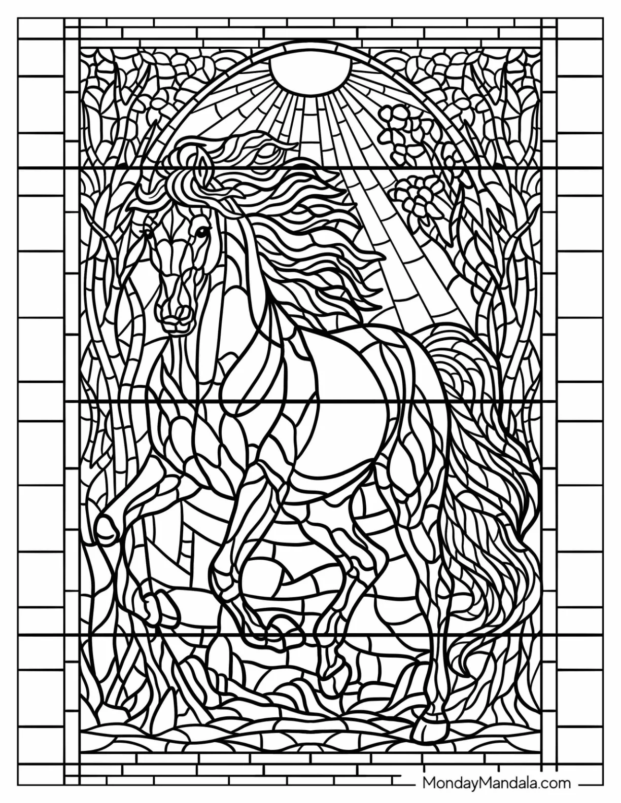 Elegant Horse Coloring Page with Flowing Main Trotting Under the Sun Stained Glass coloring page