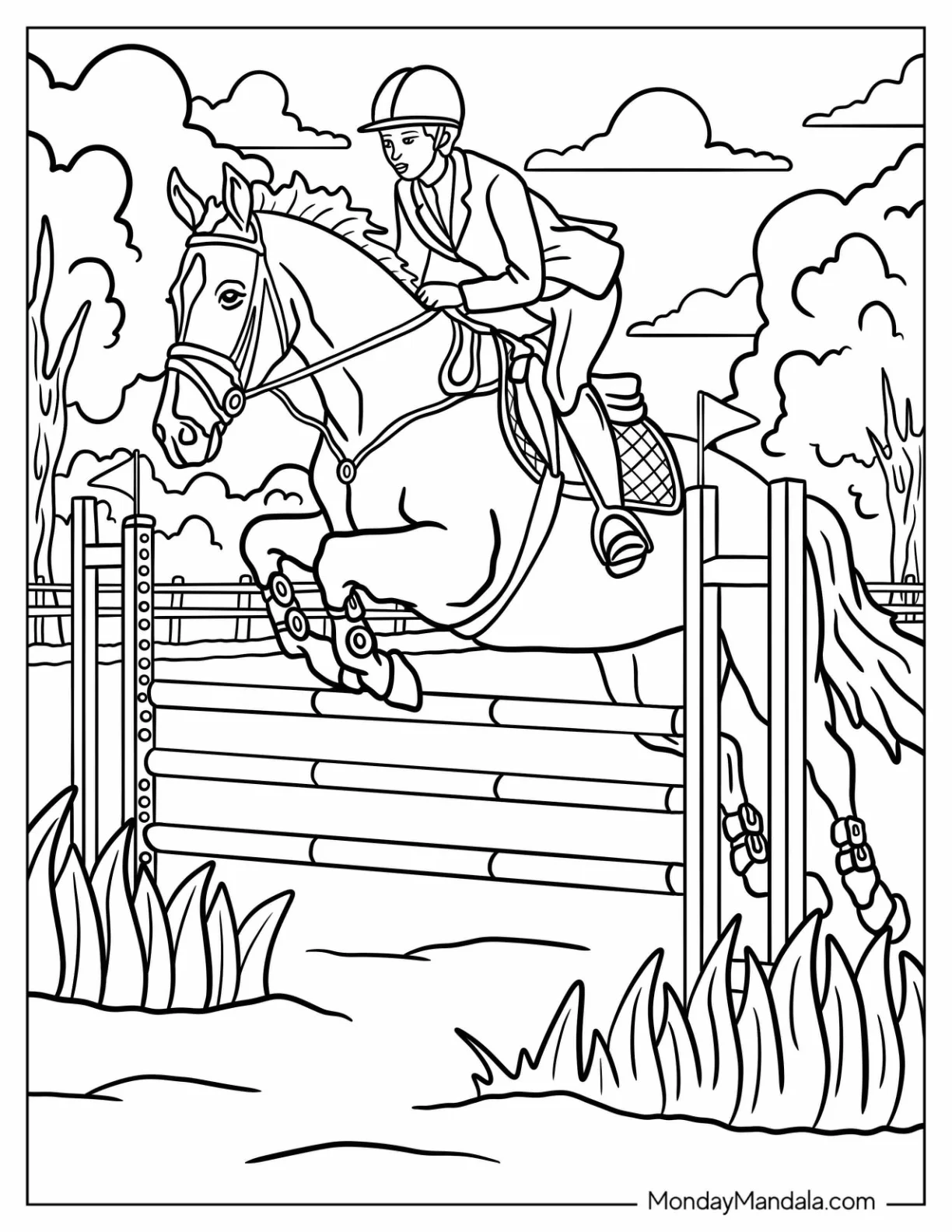 Equestrian with Large Horse Coloring Page Show Leaping coloring page — printable line art