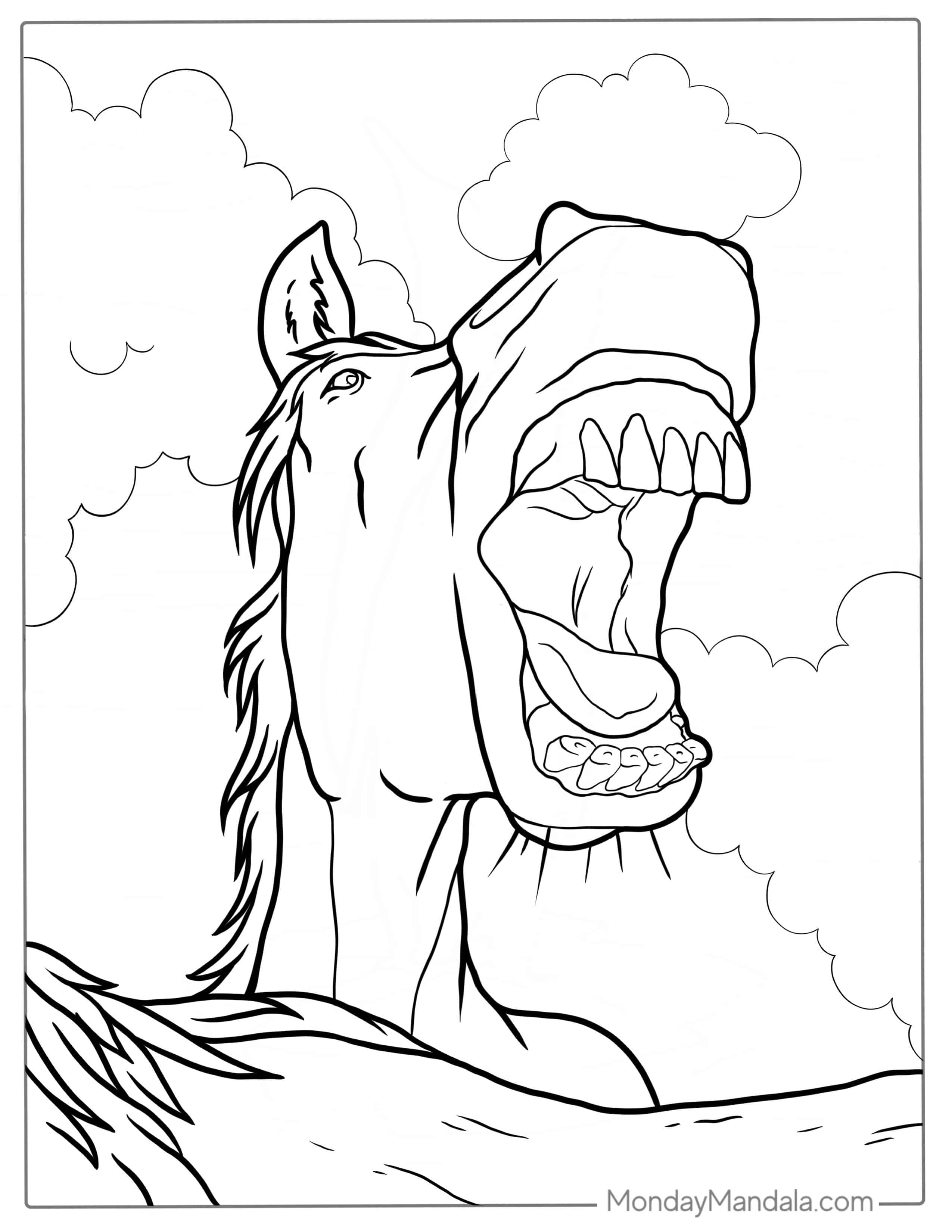 Funny Horse Coloring Sheet Showing Teeth coloring page — printable line art