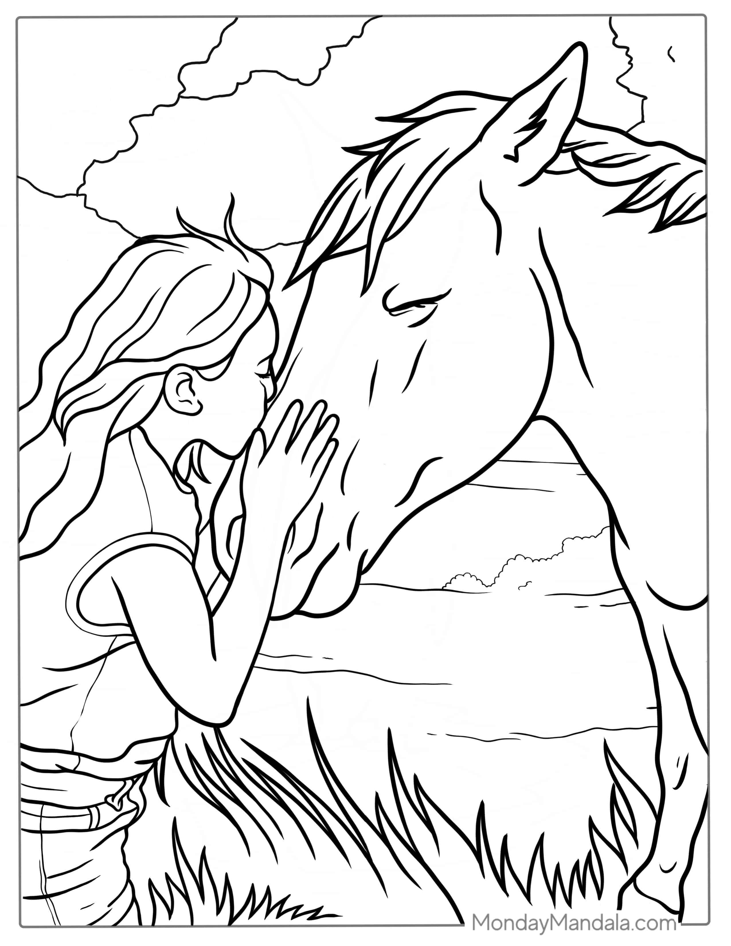 Girl Kissing Horse Coloring Page coloring page — printable line art