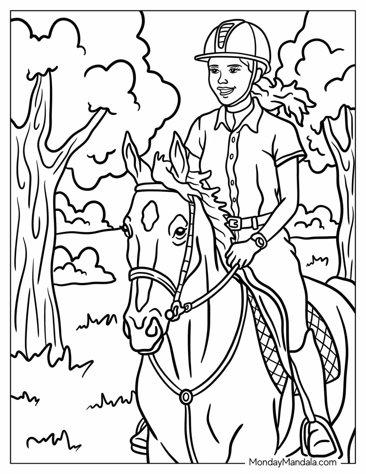 Happy Girl Riding a Horse Coloring Page in the Forest coloring page