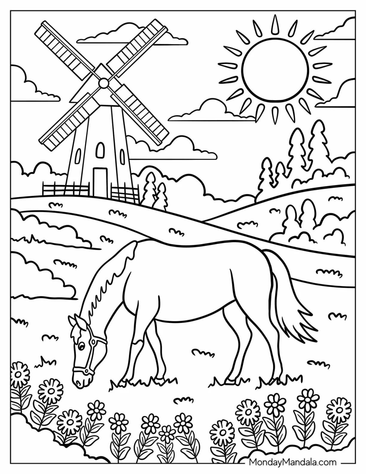 Horse Coloring Page Eating Grass in a Meadow with Windmill coloring page — printable line art