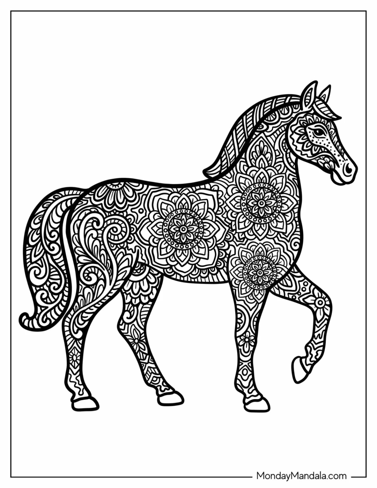 Horse Coloring Page Outline with Floral Mandala Patterns coloring page — printable line art