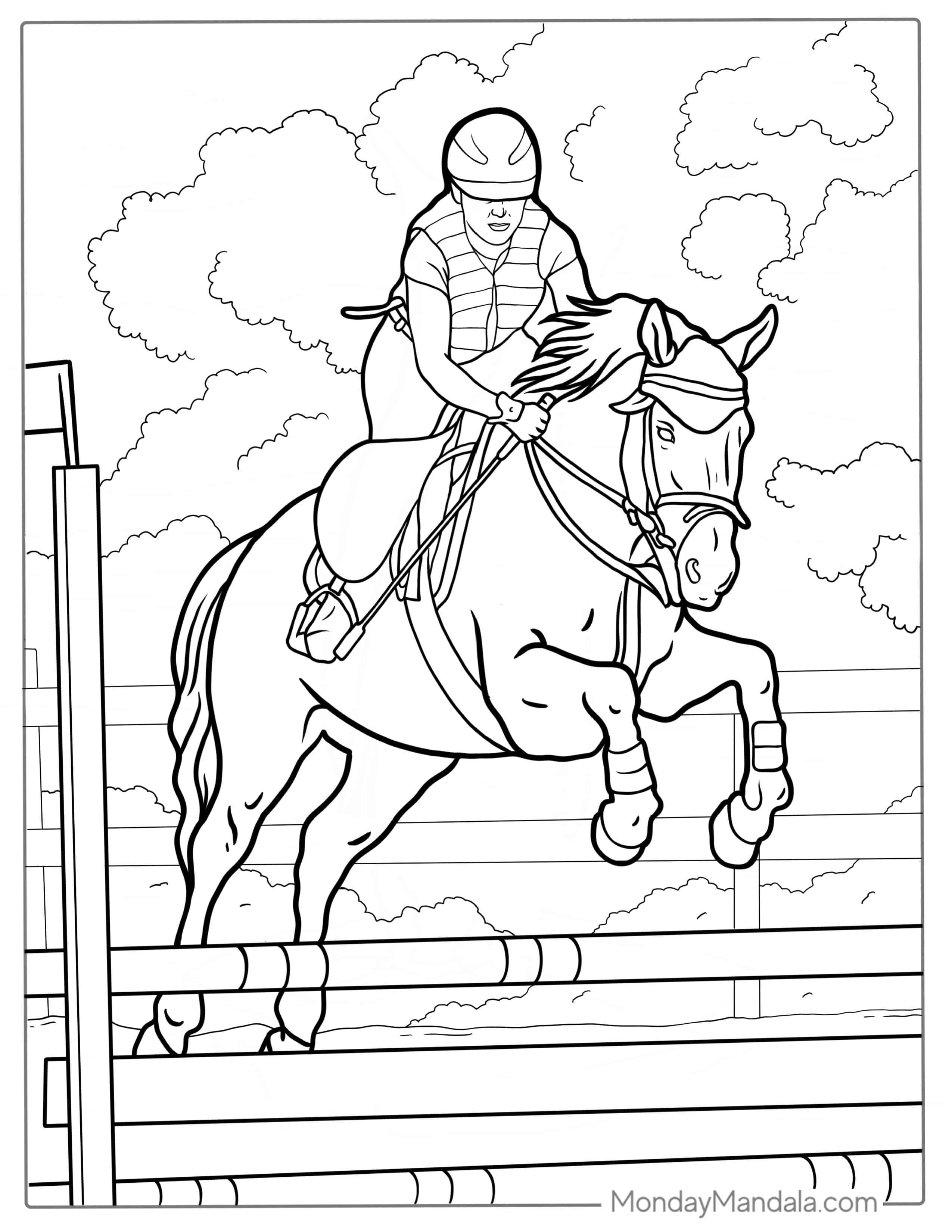 Horse Jumping Over Obstacle Coloring Sheet coloring page — printable line art