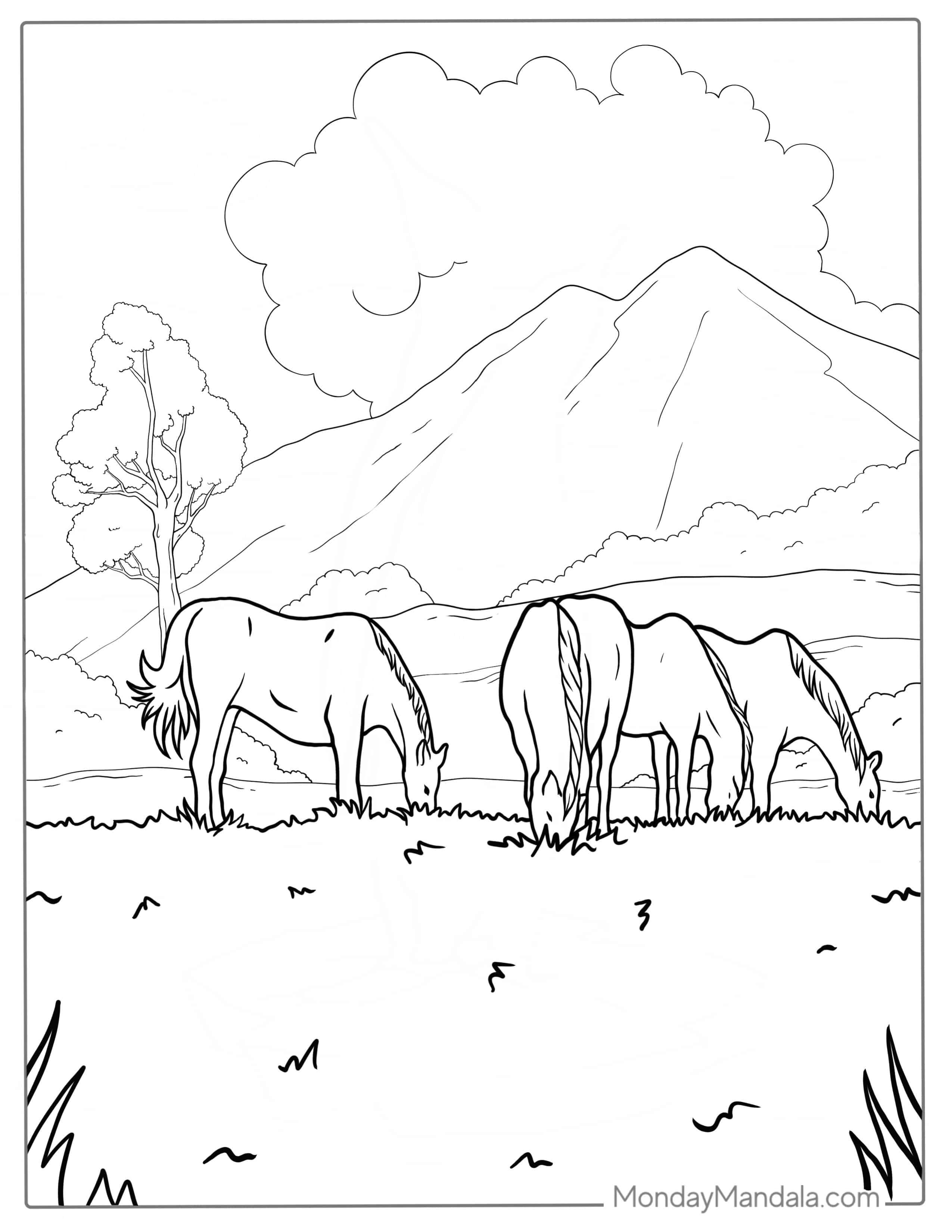 Horses Roaming In The Wild Coloring Page coloring page — printable line art