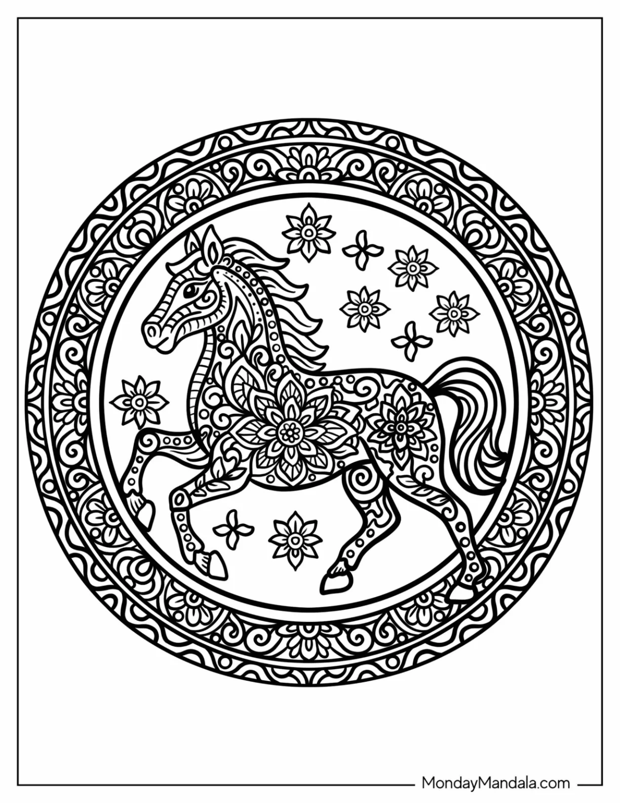Intricate Round Mandala with Horse Coloring Page and Flowers at the Center coloring page — printable line art