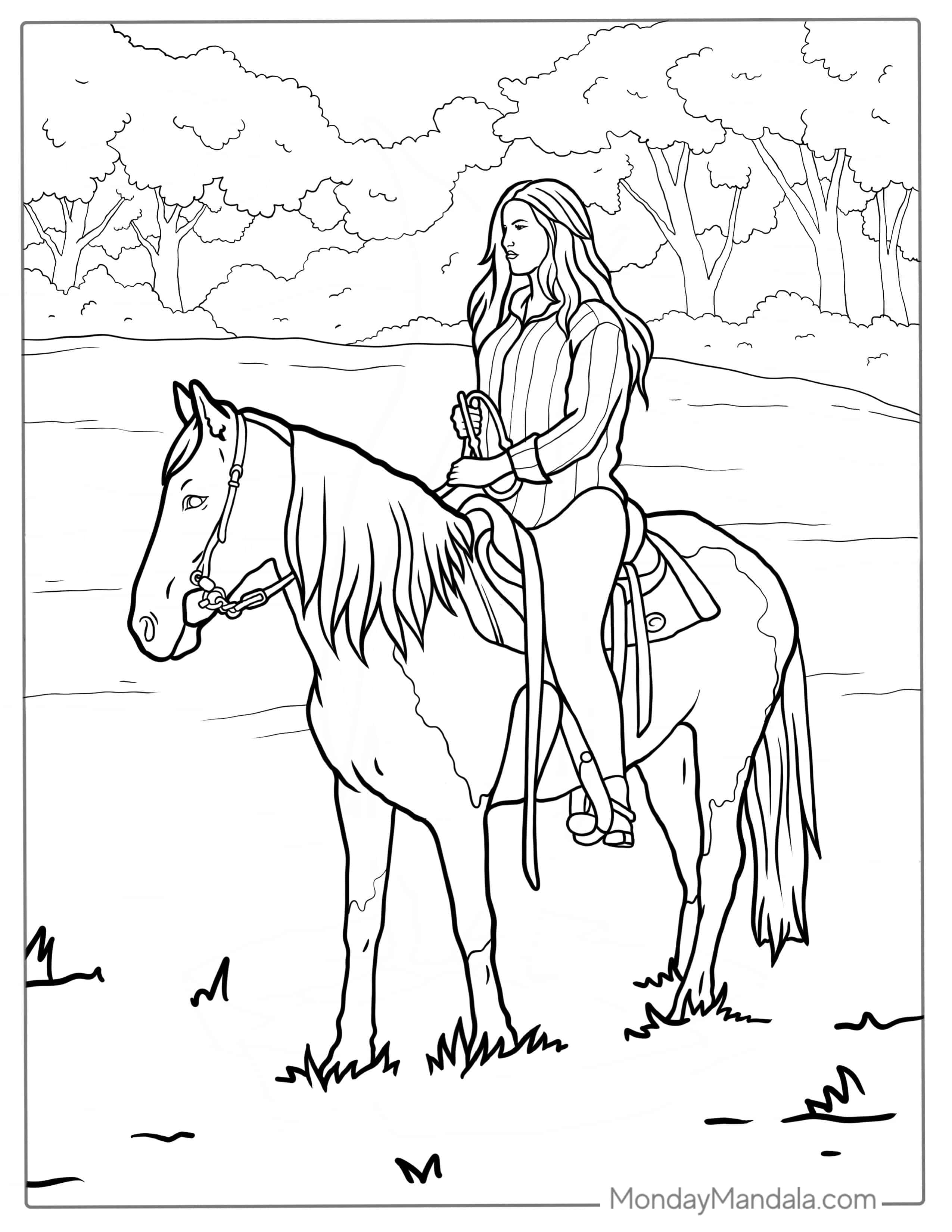 Lady Riding Horse To Color coloring page — printable line art