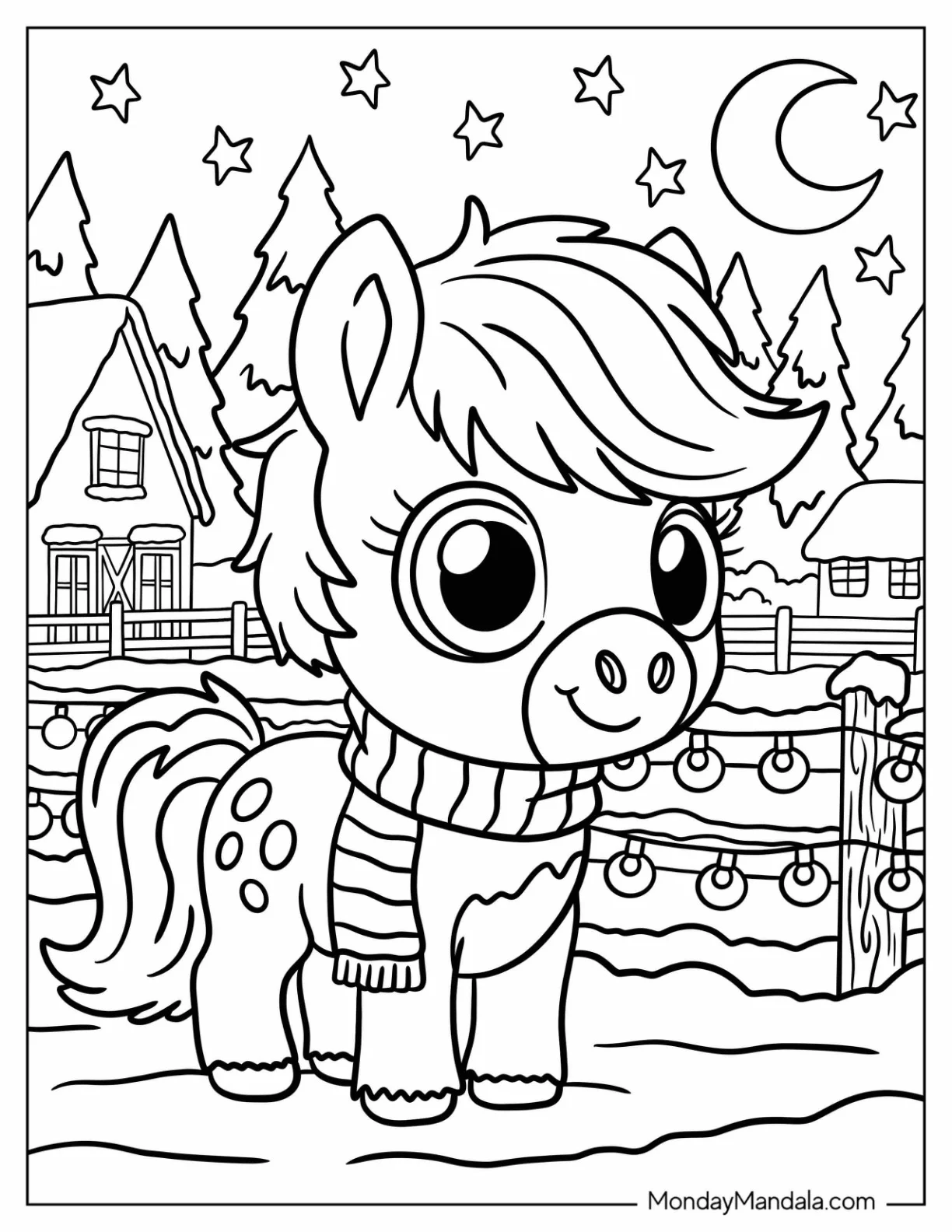 Little Horse Coloring Page with Spots and Scarf in the Snow for Preschoolers coloring page