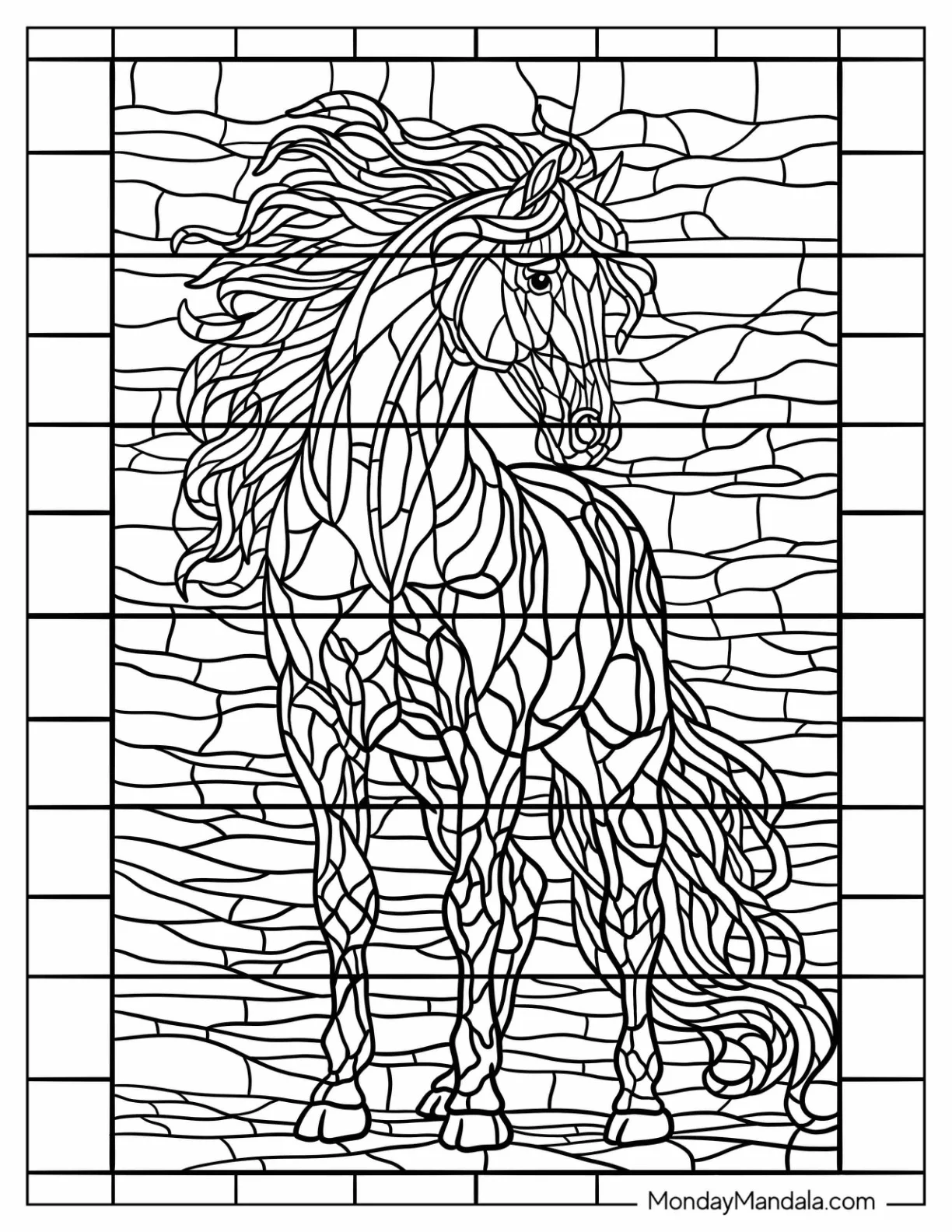 Majestic Horse Coloring Page with Flowing Mane Stained Glass coloring page — printable line art