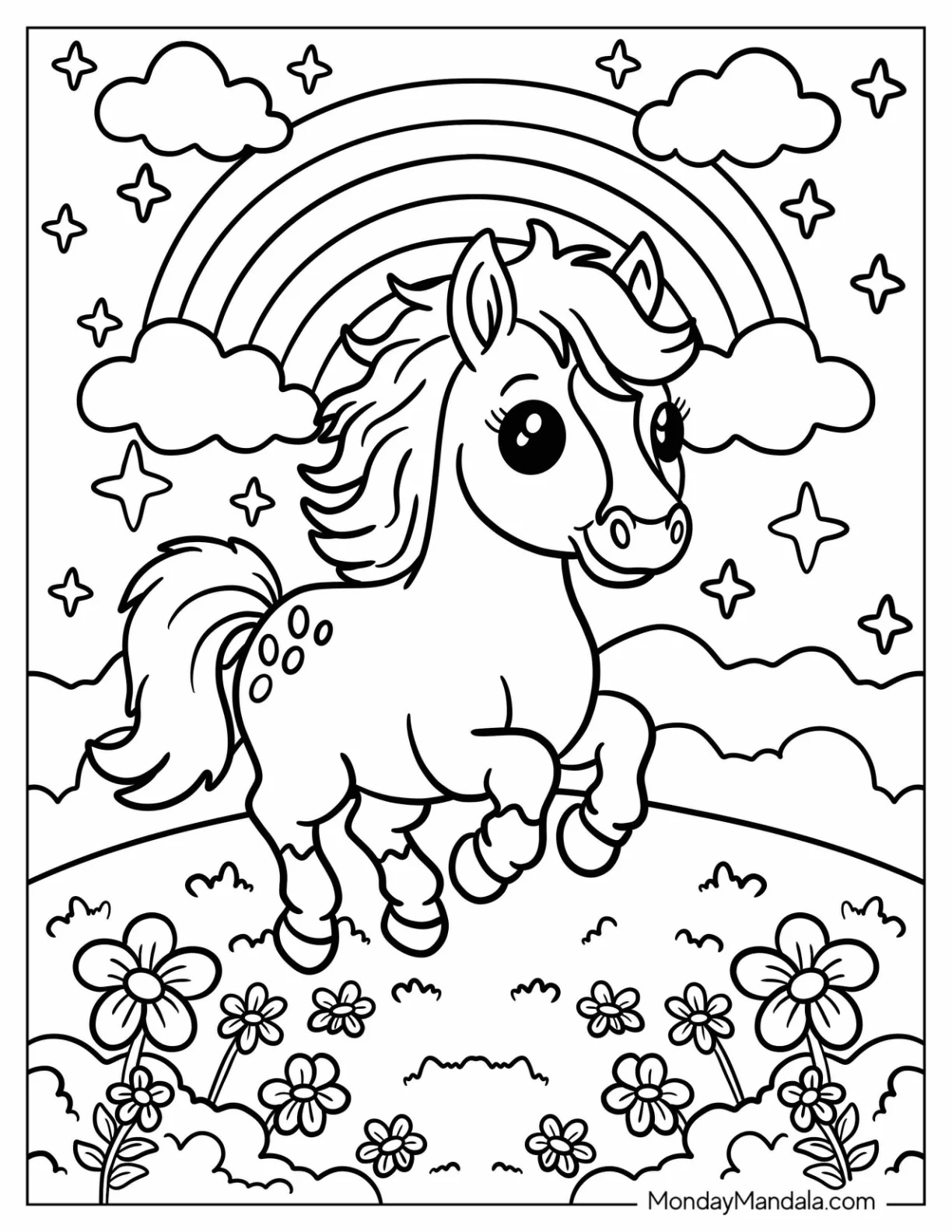 Pretty Little Horse Coloring Page in a Flower Field with Rainbow in the Sky for Preschoolers coloring page — printable line art