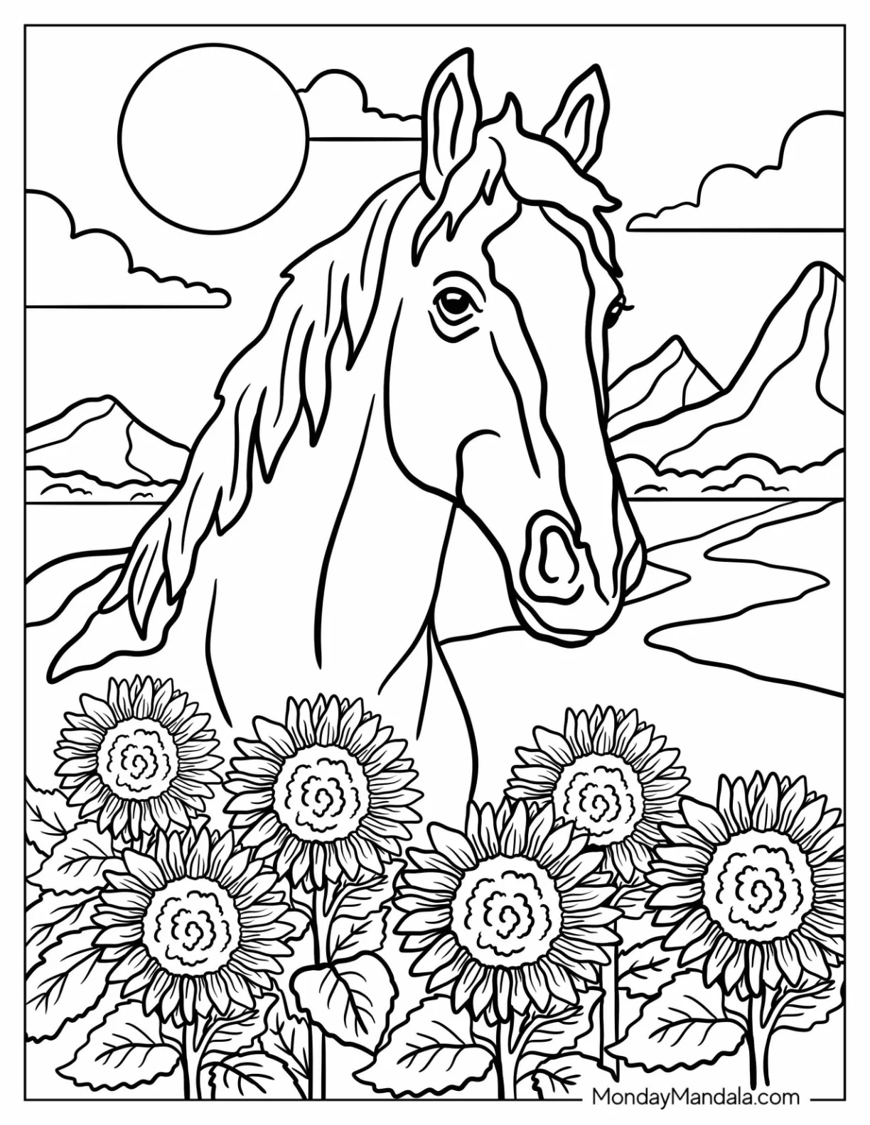 Realistic Horse Coloring Page Standing in Front of Sunflowers on Sunny Day coloring page