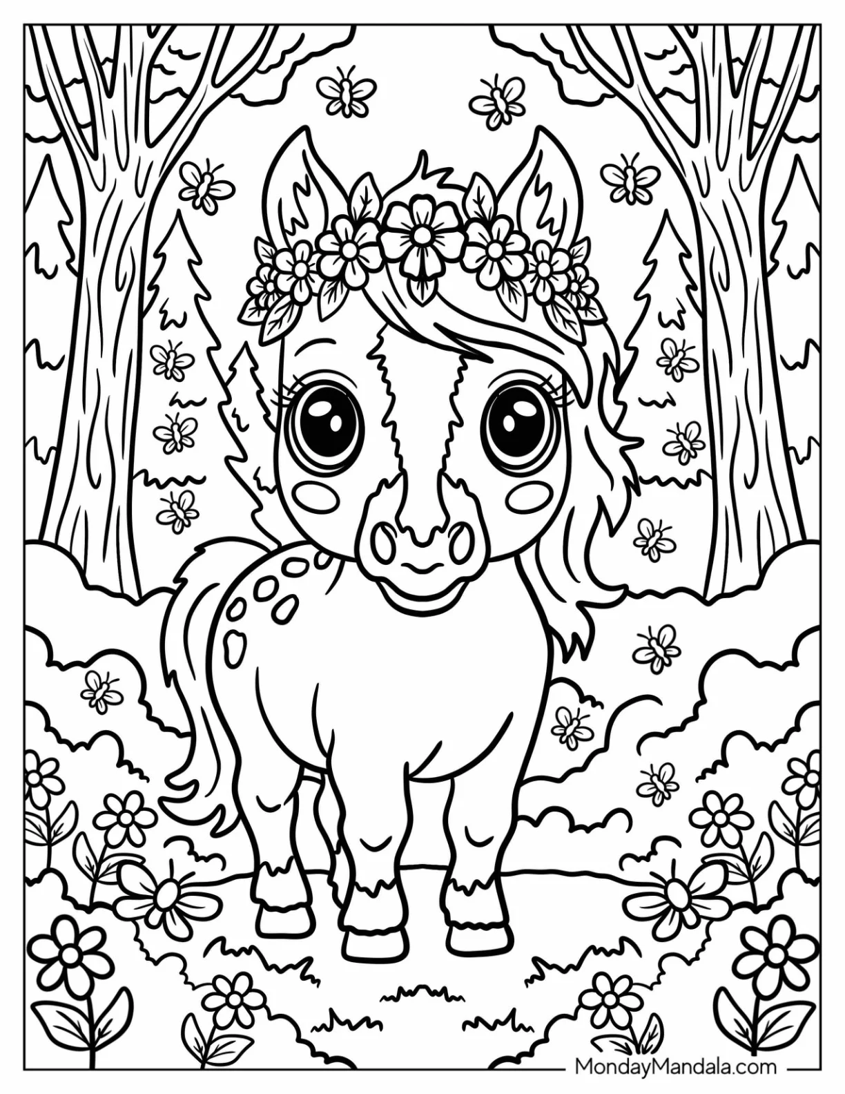 Spotted Horse Coloring Page with Flower Crown in Fantasy Forest for Kids coloring page — printable line art