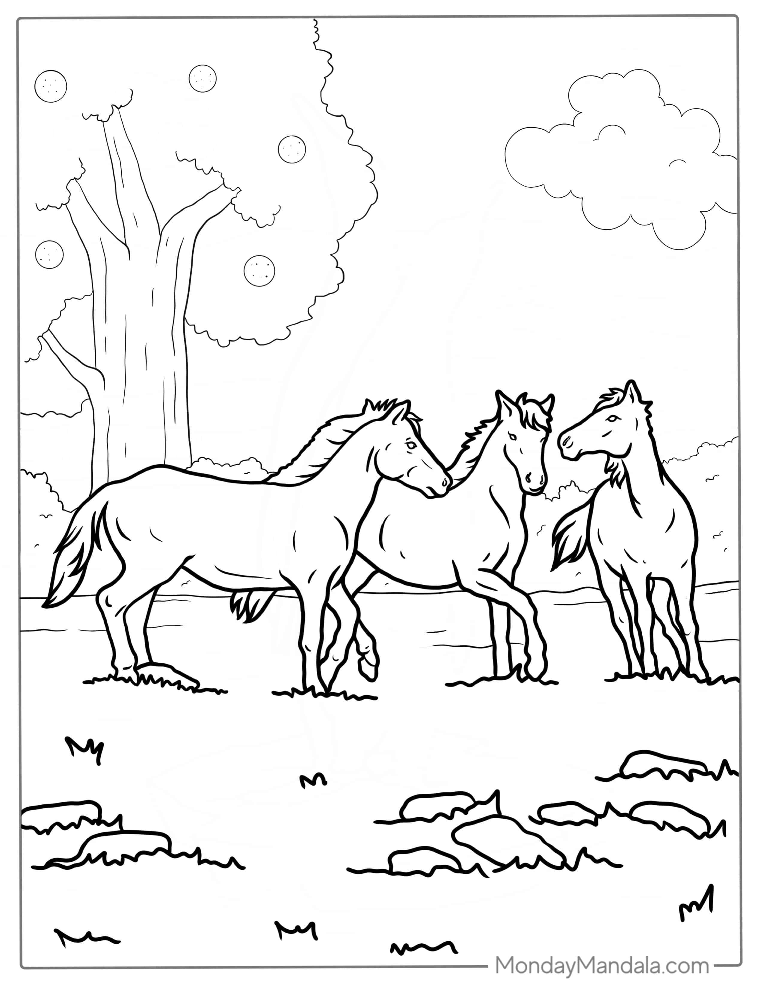 Three Wild Horses Running Together Coloring Page coloring page