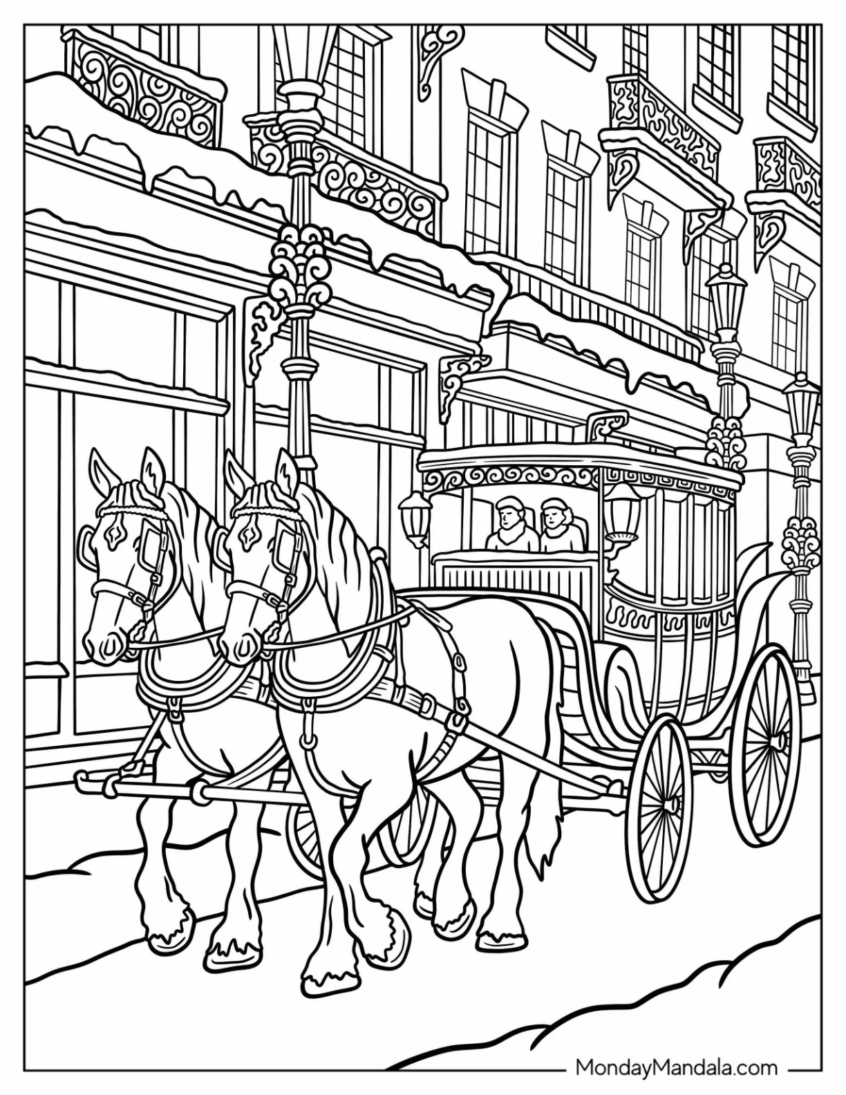 Two Royal Horse Coloring Page Pulling a Chariot in the City coloring page