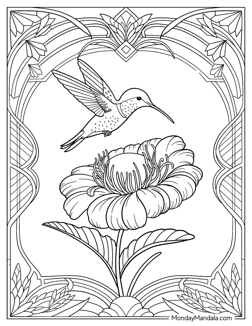 Baby Hummingbird Coloring Page Hovering Above A Large Flower coloring page — printable line art