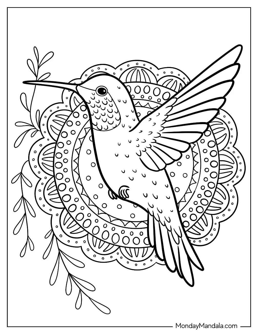 Cartoon Hummingbird Coloring Page In Front Of A Cute Mandala For Kids coloring page — printable line art