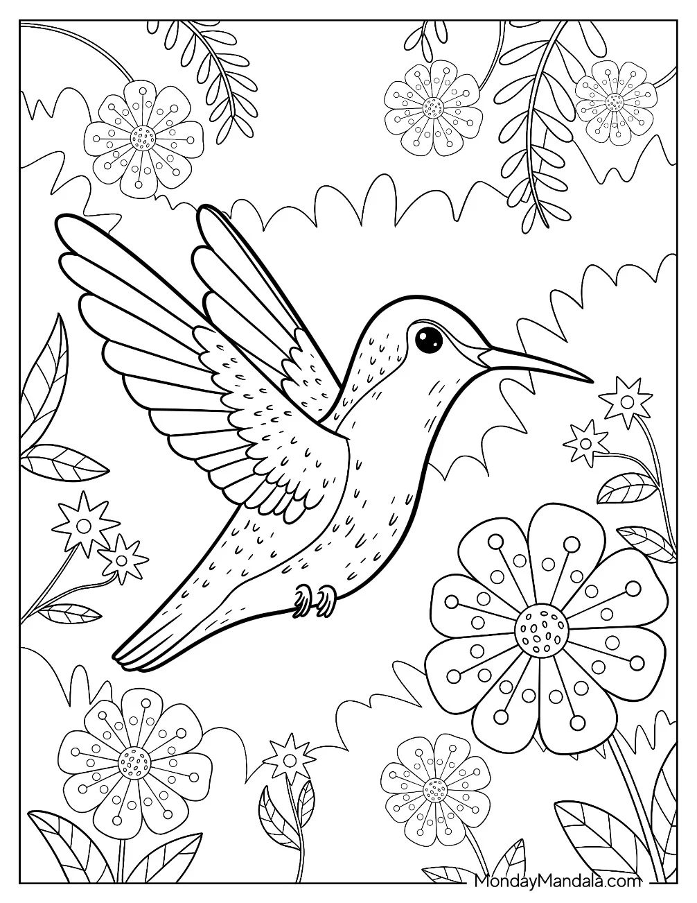 Cute Hummingbird Coloring Page Flying In A Flower Garden For Kids coloring page