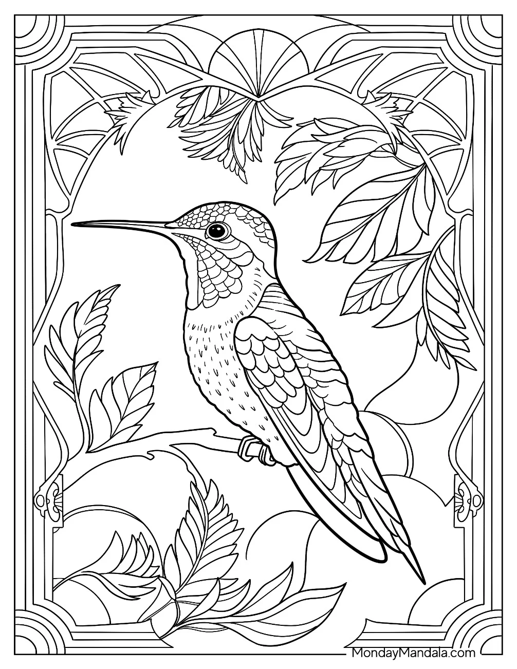 Detailed Hummingbird Coloring Page Stained Glass coloring page — printable line art