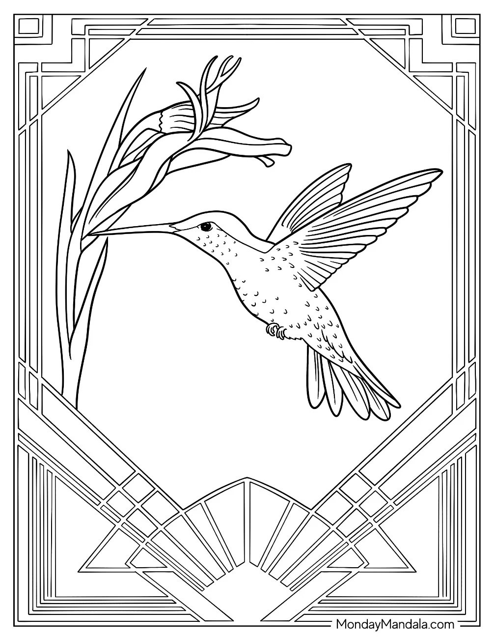 Easy Hummingbird Coloring Page Flying Next To A Flower For Kids coloring page — printable line art
