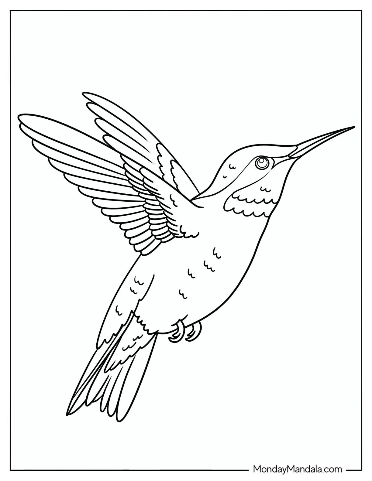 Easy Hummingbird Flying with Wings Spread Coloring Page for Kids coloring page — printable line art