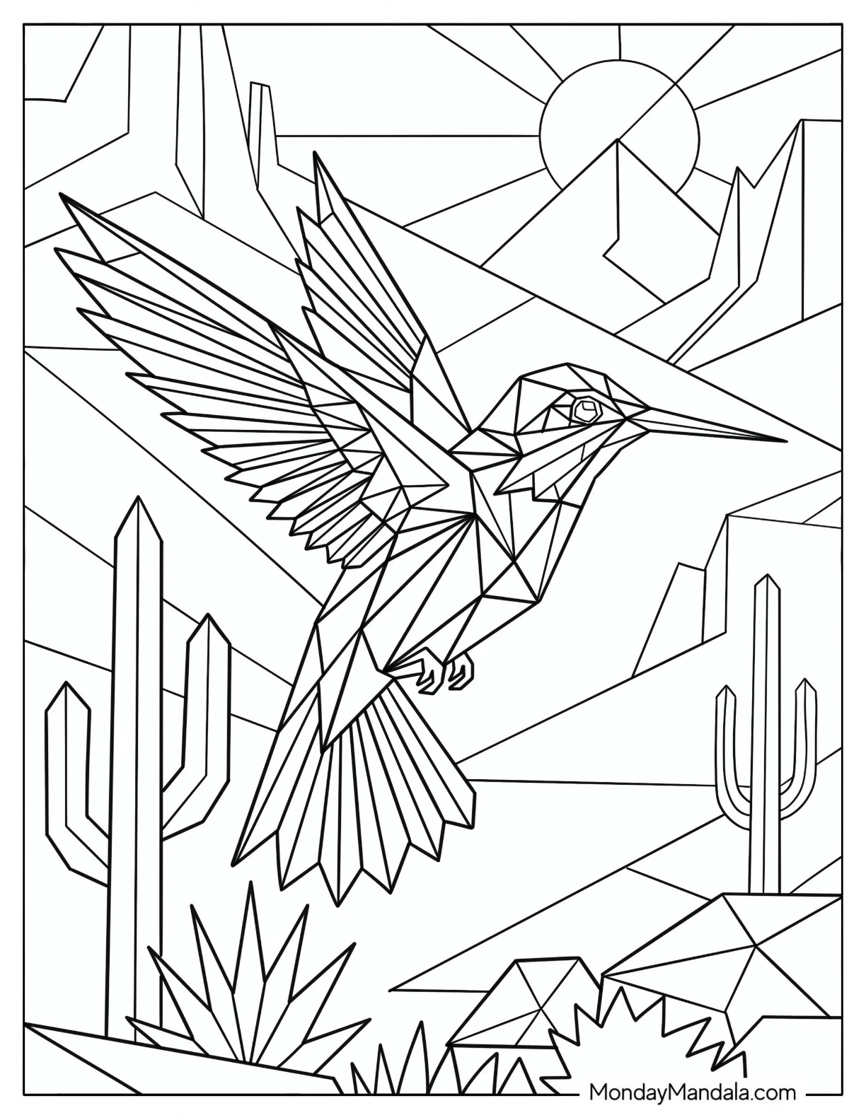 Geometric Hummingbird Flying Over a Desert Landscape coloring page — printable line art
