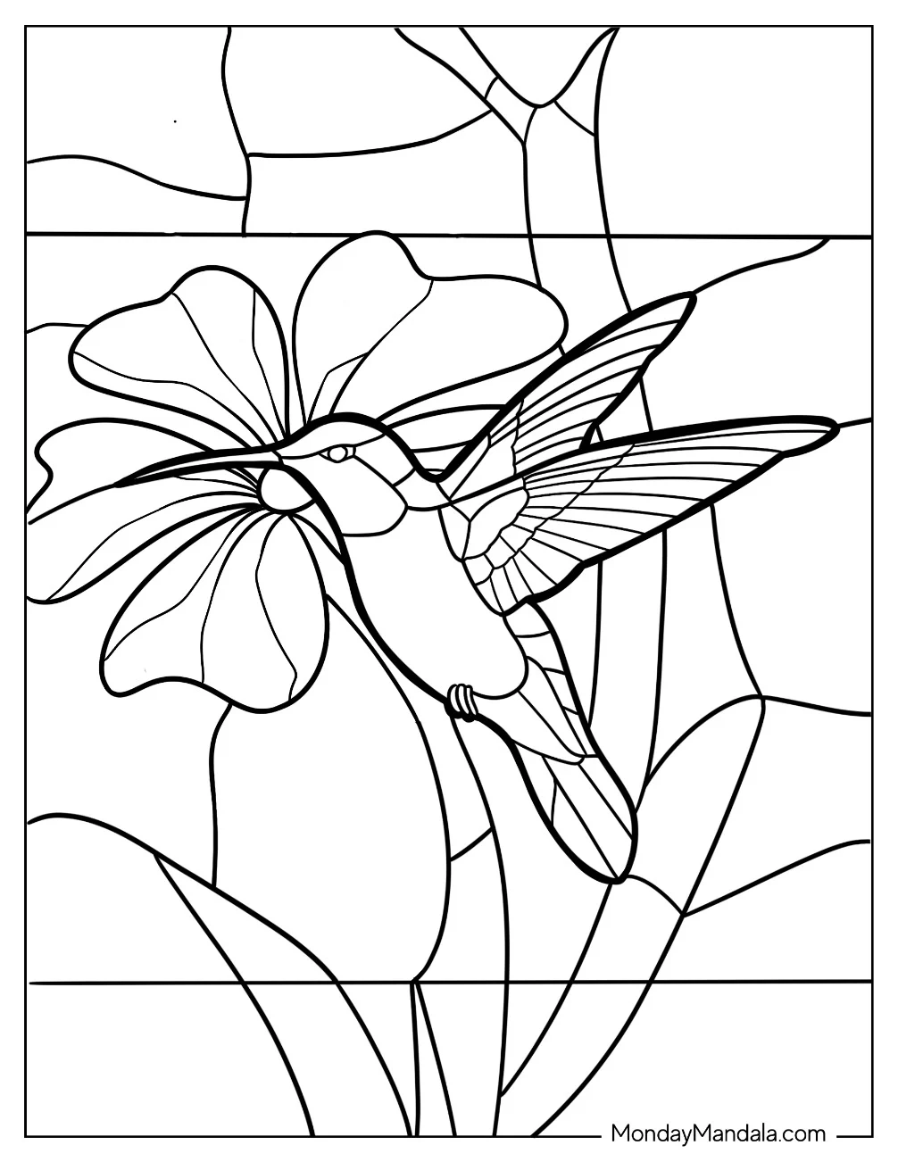 Hummingbird Coloring Page And Flower Stained Glass coloring page — printable line art