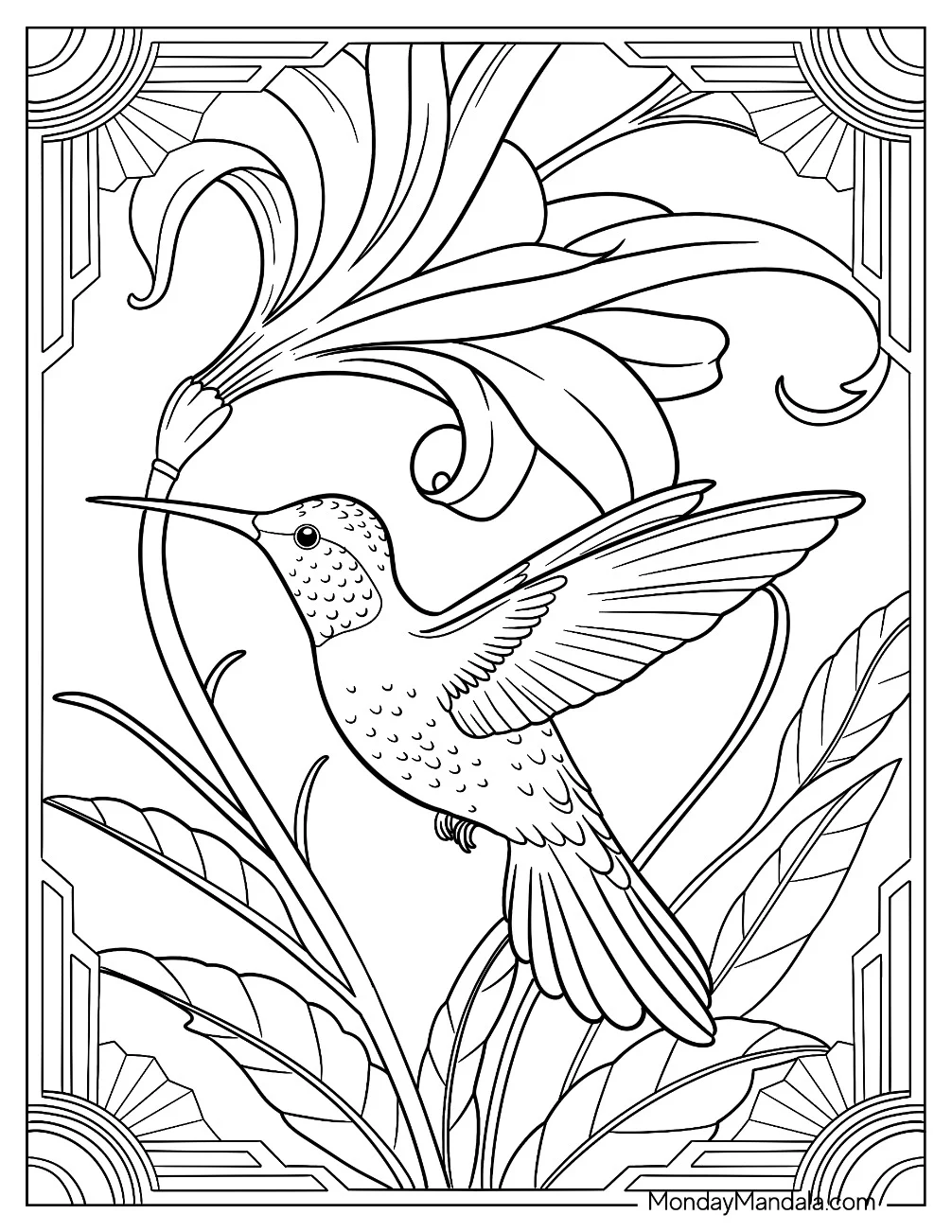 Hummingbird Coloring Page Spreading Its Wings Next To A Flower coloring page