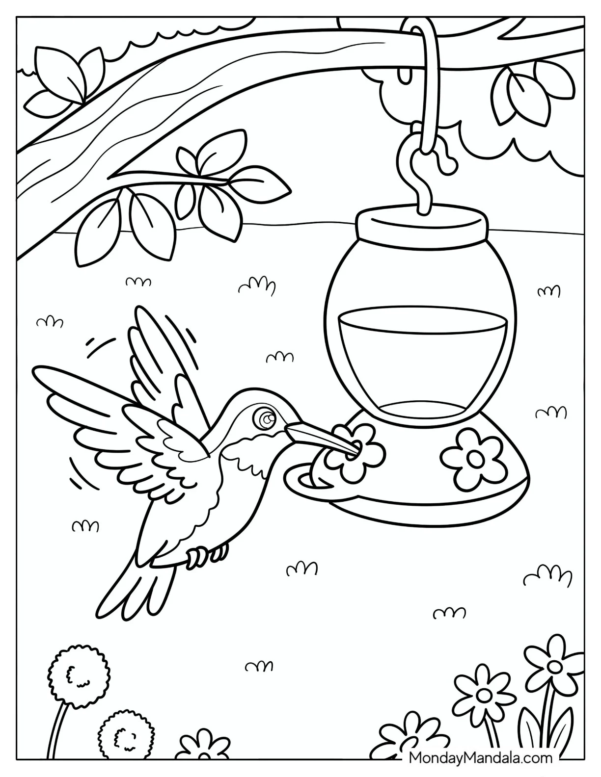 Hummingbird Drinking from a Garden Feeder with Flowers Coloring Page for Kids coloring page