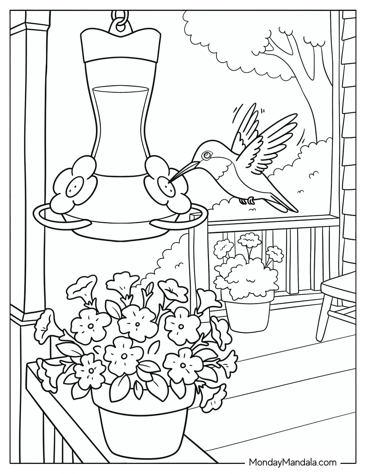 Hummingbird Feeding from a Flower Feeder on a Porch Coloring Page coloring page