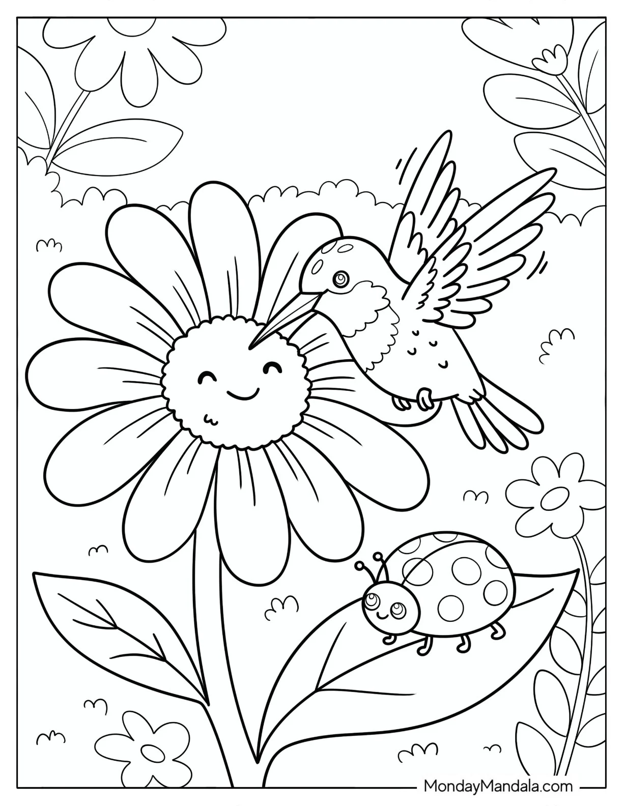 Hummingbird Feeding on a Flower with Ladybug in a Garden Coloring Page coloring page