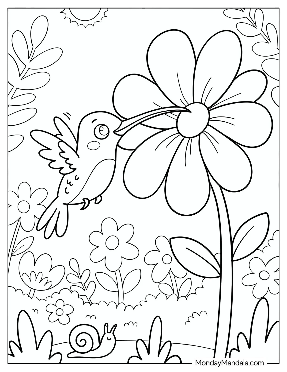 Hummingbird Feeding on a Giant Flower in a Garden Coloring Page for Kids coloring page