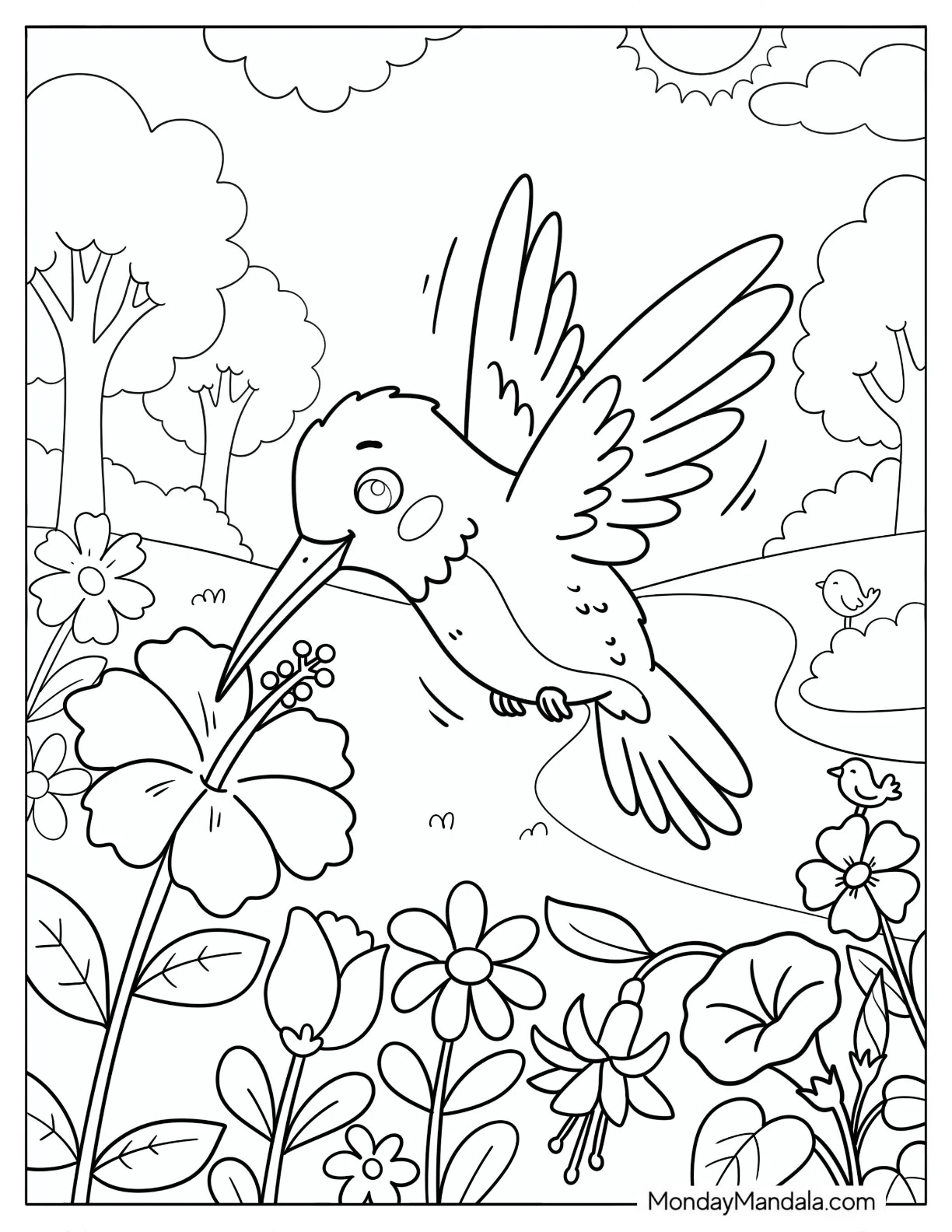 Hummingbird Feeding on a Hibiscus Flower in a Garden Coloring Page for Kids coloring page