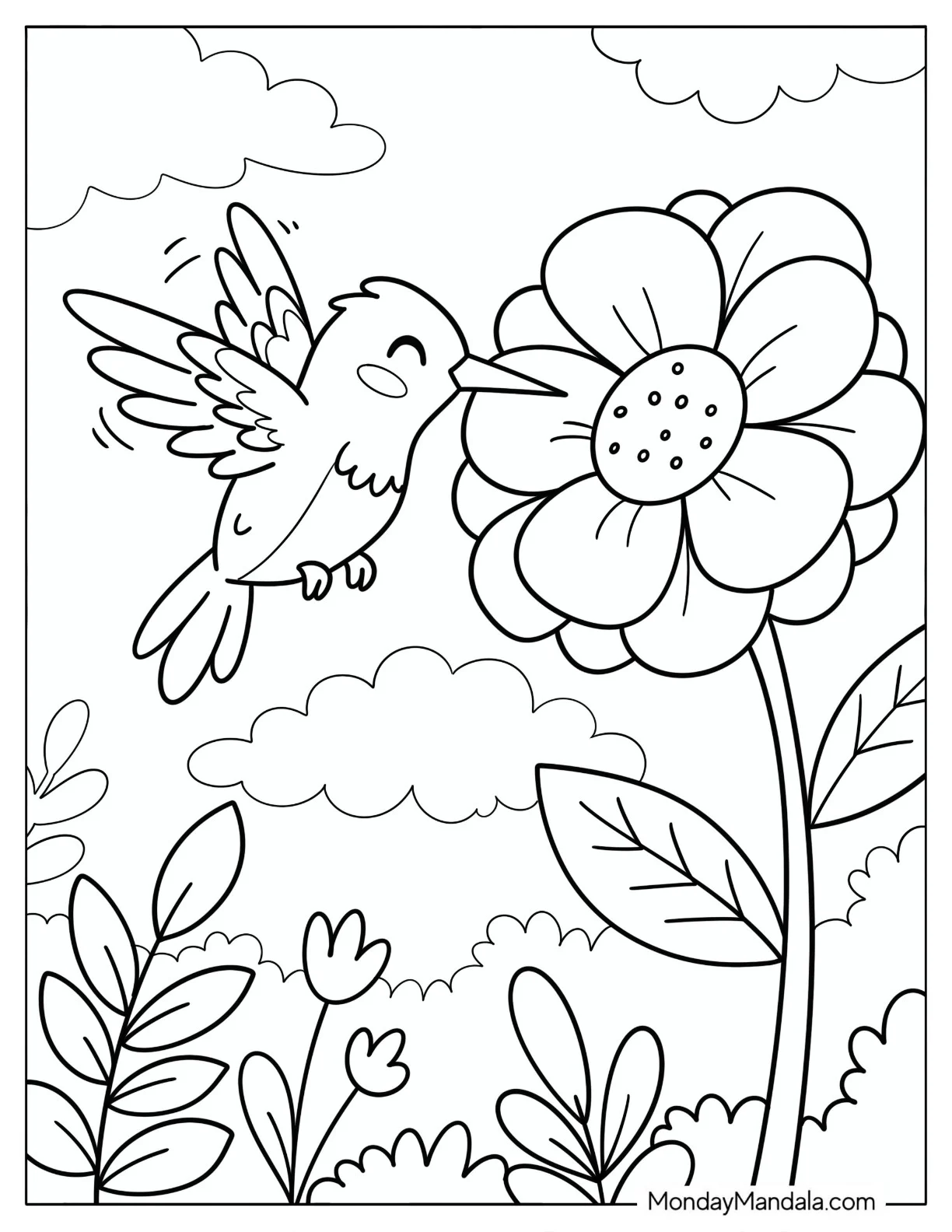 Hummingbird Feeding on a Large Flower in a Garden Coloring Sheet for Kids coloring page — printable line art