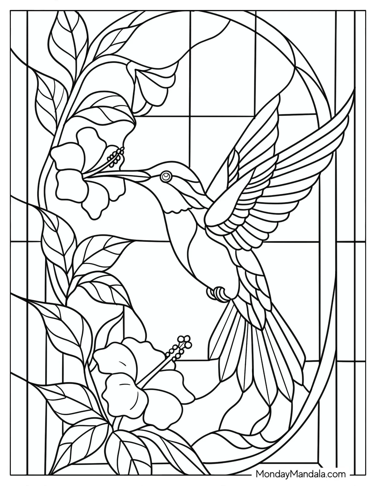 Hummingbird Feeding on Hibiscus Flowers with Geometric Background coloring page — printable line art