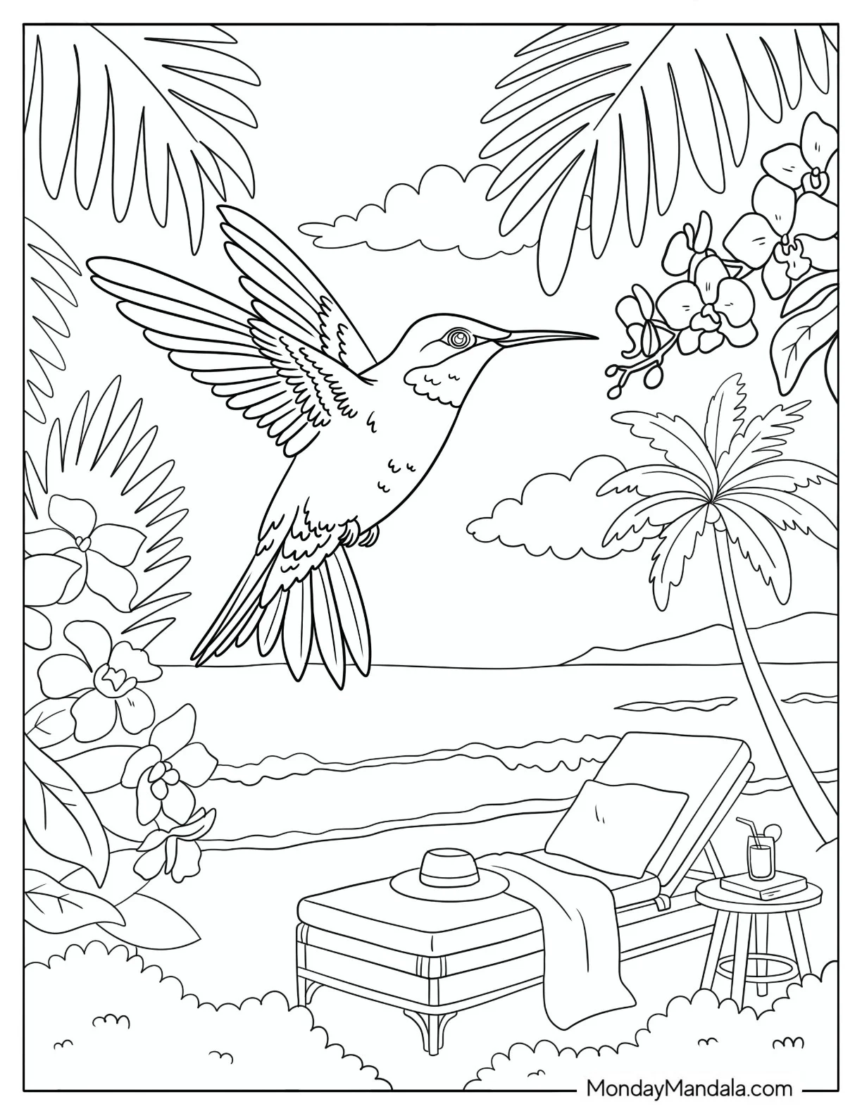 Hummingbird Flying Over a Tropical Beach with Lounge Chair coloring page — printable line art