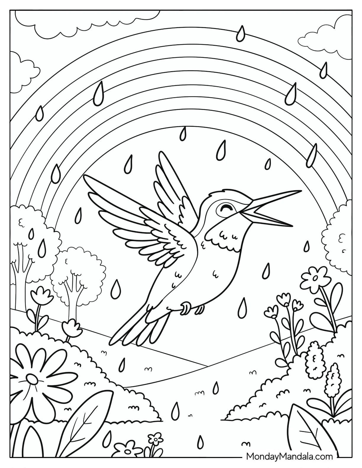 Hummingbird Flying Through a Rainbow in a Rainy Garden Coloring Page coloring page — printable line art