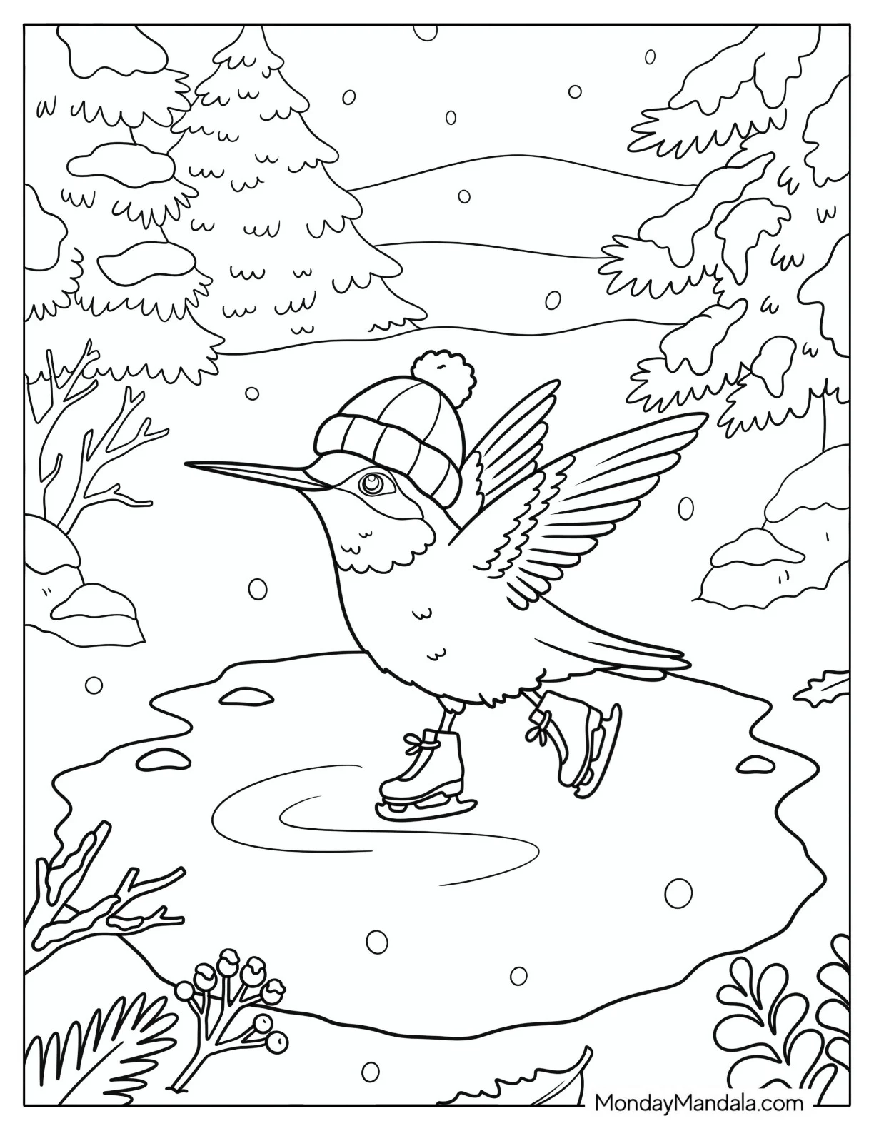 Hummingbird Ice Skating on a Winter Pond Coloring Sheet coloring page