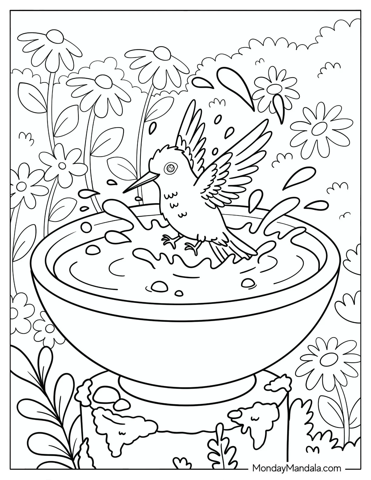 Hummingbird Splashing in a Garden Birdbath Coloring Page coloring page