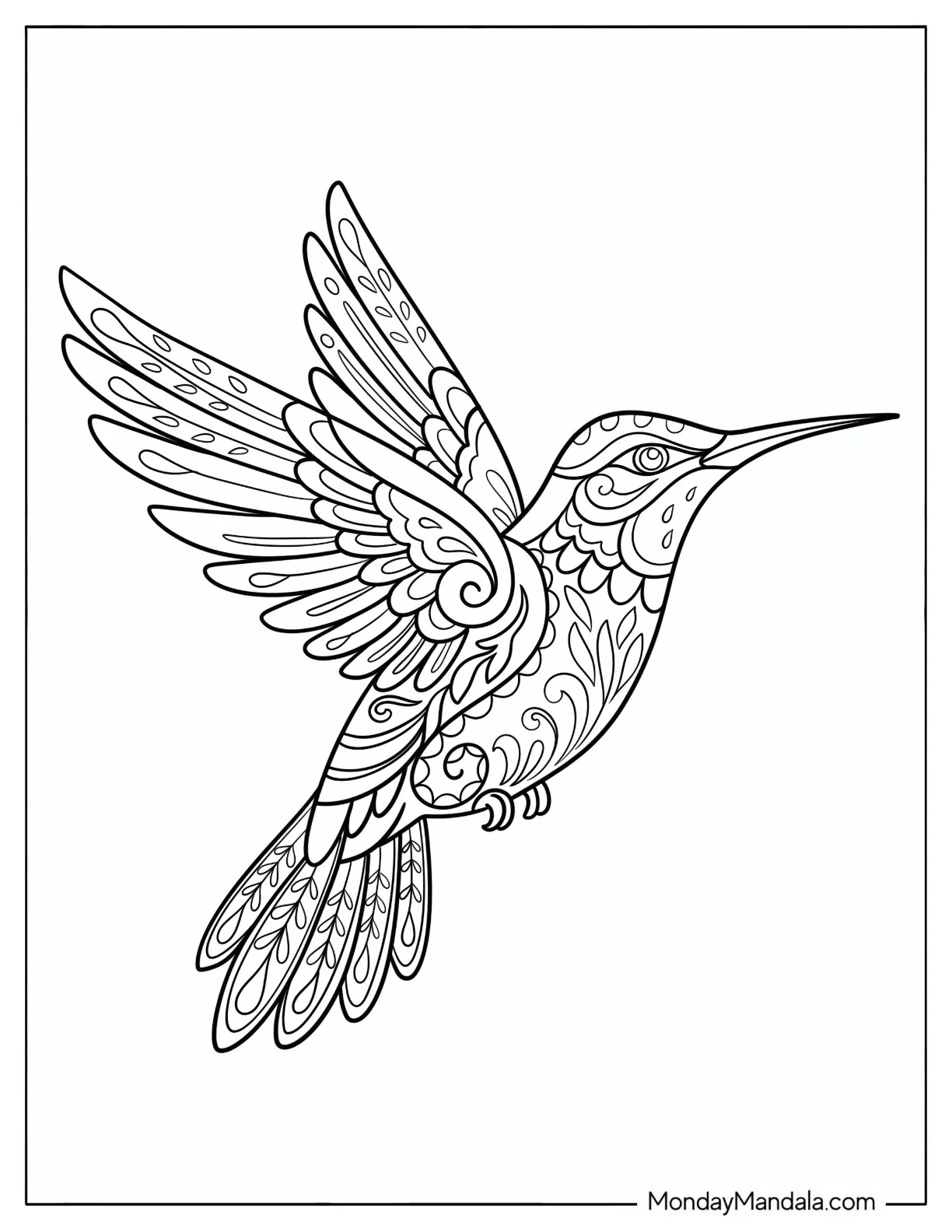 Hummingbird with Mandala Patterns in Flight Coloring Page coloring page — printable line art