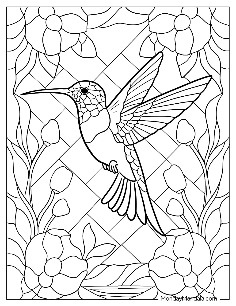 Intricate Hummingbird Coloring Page Surrounded By Flowers Stained Glass coloring page — printable line art