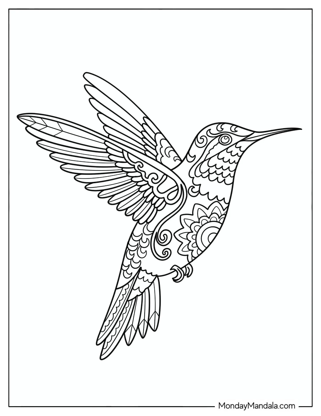 Ornate Hummingbird with Floral Patterns in Flight coloring page