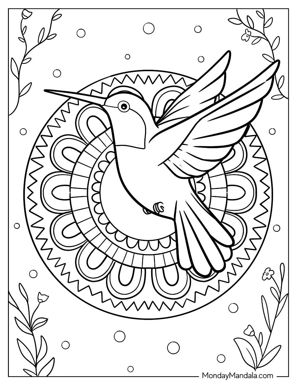 Simple Hummingbird Coloring Page Flying In Front Of A Mandala coloring page
