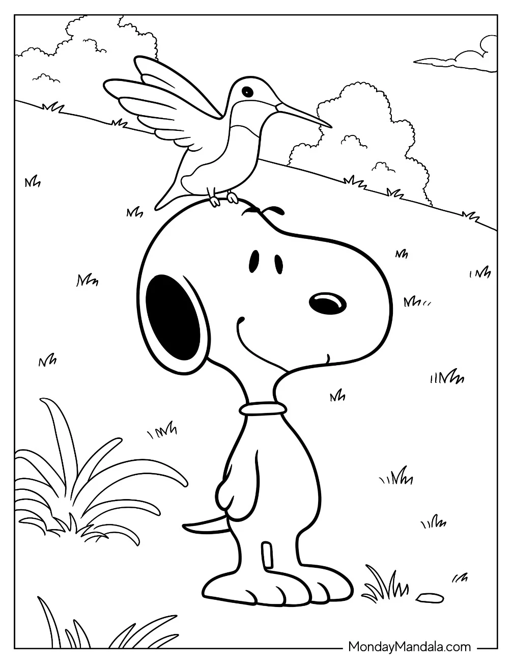 Snoopy With A Hummingbird Coloring Page On His Head coloring page