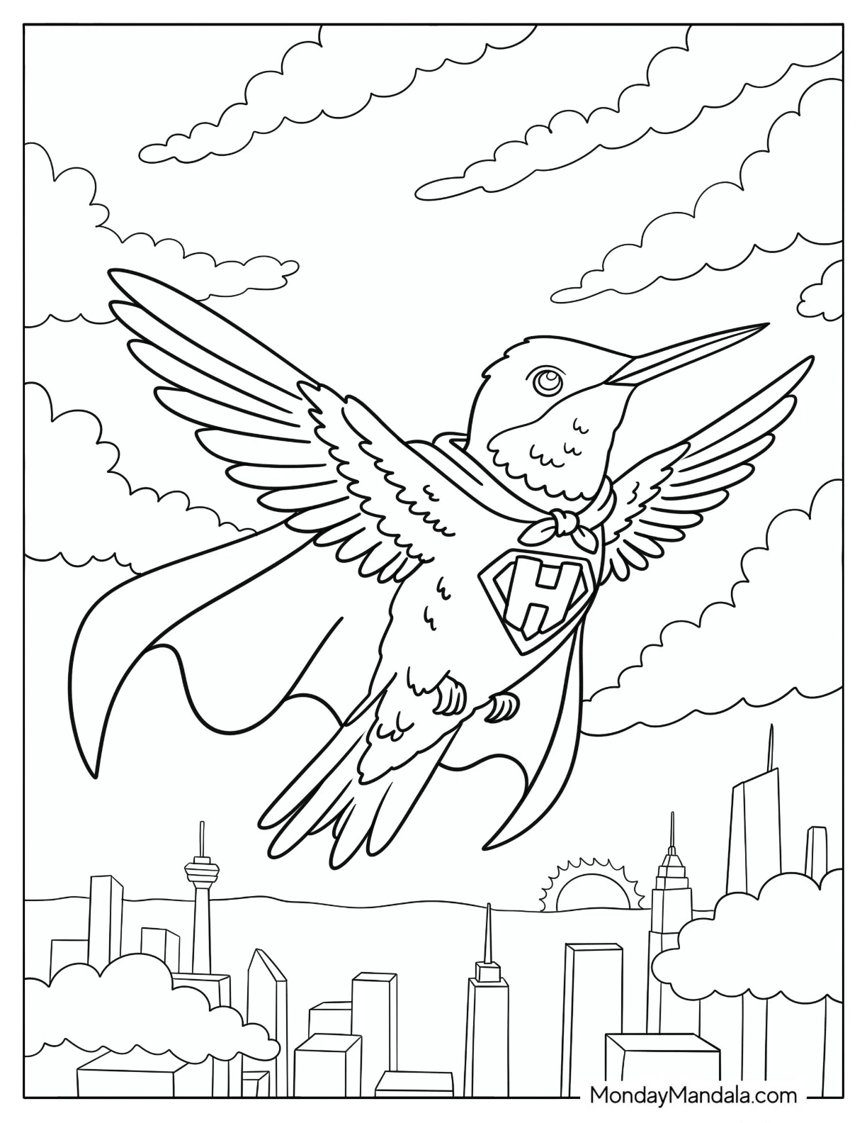 Superhero Hummingbird Flying Over a City Skyline Coloring Page coloring page