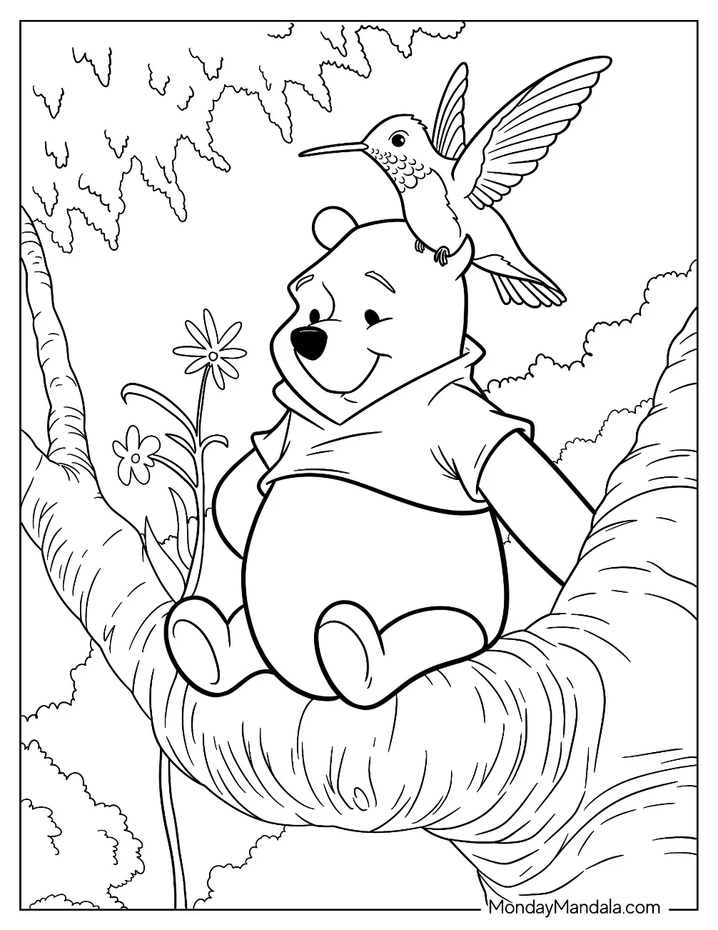 Winnie The Pooh In The Woods With A Hummingbird Coloring Page coloring page