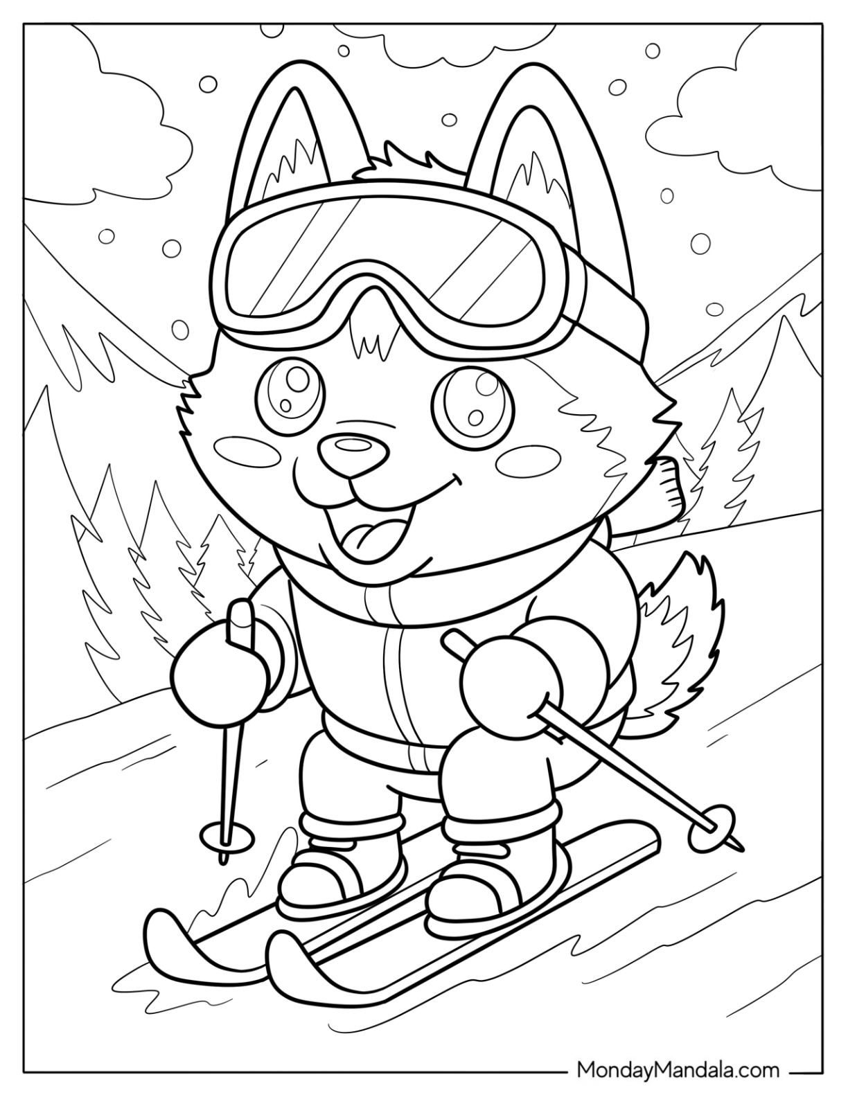 Cartoon Husky Coloring Pages Skiing Down Wintry Slope for Kids coloring page