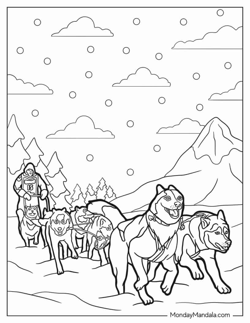 Coloring Page Of Huskies Pulling a Sled coloring page