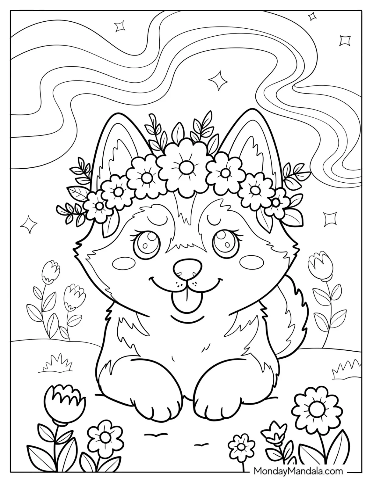 Elegant Husky Coloring Pages with Flower Crown coloring page
