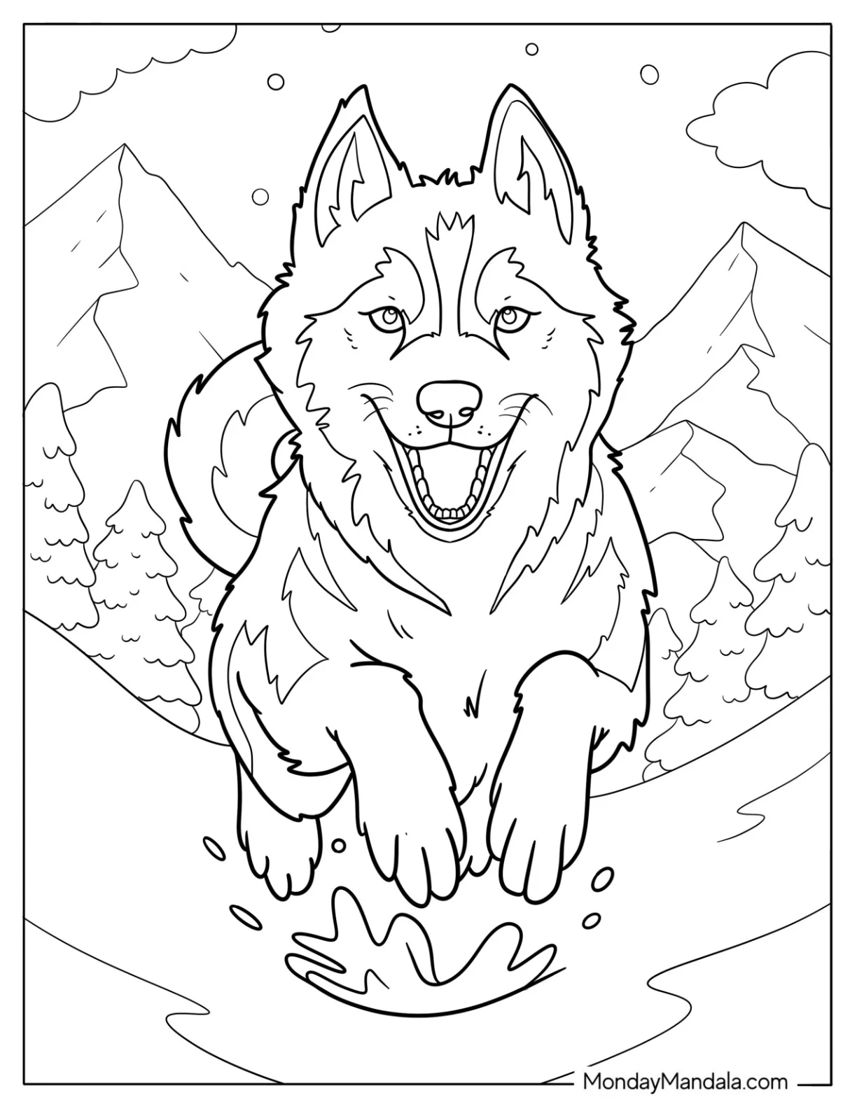 Happy Husky Coloring Pages in Mid Air with Mountain Background coloring page