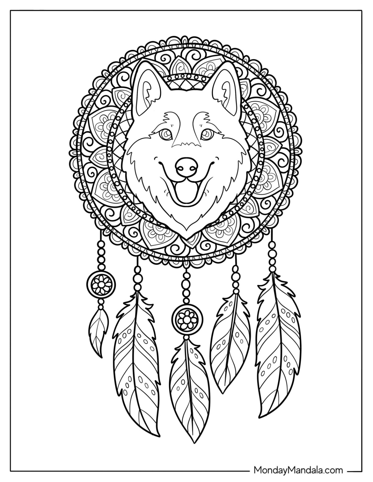 Husky Coloring Pages at the Center of an Intricate Floral Dreamcatcher coloring page